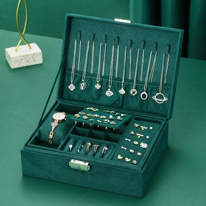 Velvet jewelry organizer box with double layers and compartments in elegant dark green