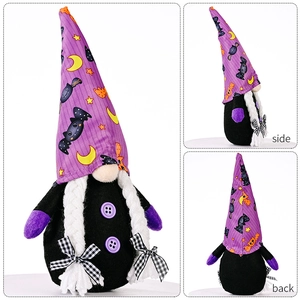 Front, side, and back views of a purple Halloween gnome doll with bat patterns