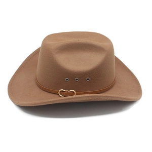 Detail of coffee brown wool felt cowboy hat featuring leather band and metal eyelets