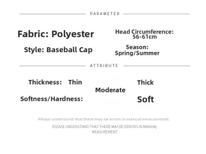Detailed chart showing polyester baseball cap size 56-61cm and material attributes