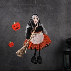 Halloween witch hanging doll with orange apron and broomstick for spooky festive decor