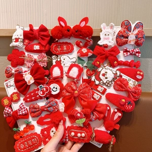 Festive red children's hair clips featuring New Year rabbit and bow knot designs