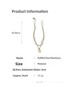 Detail showing irregular pearl pendant on double-layer gold chain necklace with measurements