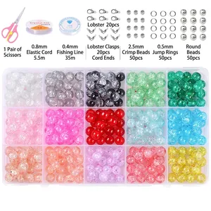 DIY jewelry kit with 8mm crackle beads, pink scissors, elastic cord and metal findings