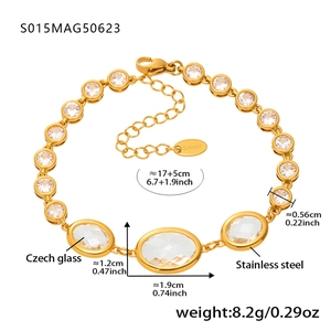 Detail view of Czech glass anklet with dimensions, weight and stainless steel material info