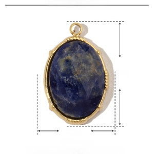 Macro detail of oval pendant featuring deep blue natural stone and stainless steel base