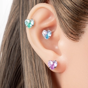 Titanium steel heart-shaped zircon earrings in green, blue, and pink gradient colors