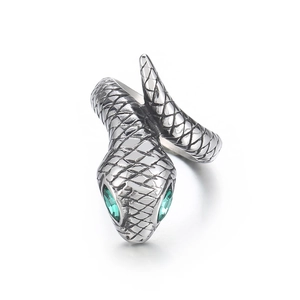 Bague serpent vintage en acier inoxydable avec yeux en cristal vert et écailles