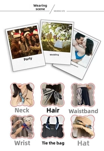 French camellia silk scarf showing various styling ways like hair, bag and neck accessory