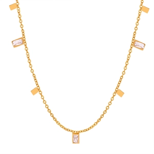 Elegant gold titanium necklace with geometric square pendants and zircon inlay