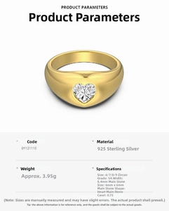 Detail view of S925 sterling silver ring featuring a heart-shaped zircon stone with gold finish