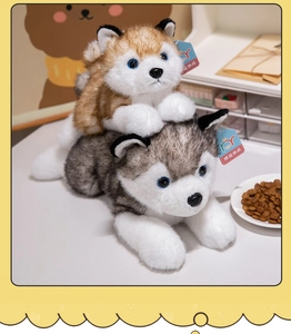 Detailed plush texture and facial features of gray and brown husky stuffed animal toys