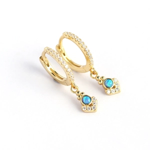 Gold Bohemian hoop earrings with blue opal heart pendant and sparkling zircon accents
