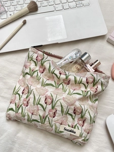 Trousse à maquillage en toile à motif tulipes roses avec grande capacité de rangement