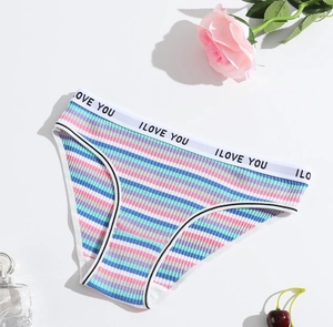 Detail of colorful striped cotton panties with I LOVE YOU printed waistband
