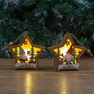 Star-shaped wooden Christmas ornament with LED light and gnome carving for tree decor