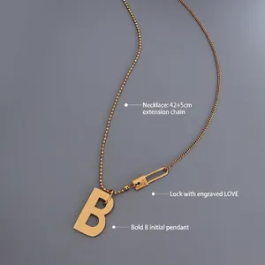 Collier doré avec lettre B et épingle de sûreté en acier, longueur 42 cm avec rallonge