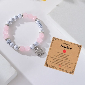 Armband für Lehrer mit rosa Kristall, weißem Türkis und einem silbernen Apfelanhänger