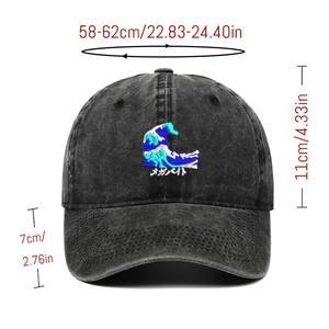 Detailed size guide for washed baseball cap with sea wave embroidery on black denim