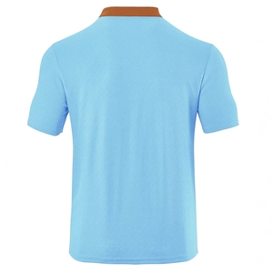 Sky blue men's short sleeve shirt with geometric jacquard fabric and brown collar back view