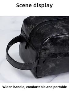 Detail of premium PU leather wash bag with textured finish and durable side handle
