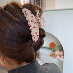 Floral acetic acid hair claw clip with cherry patterns and rhinestones for elegant styling