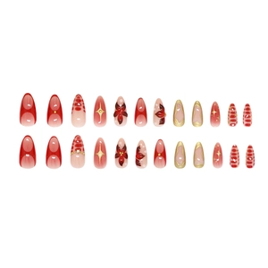 3D burgundy camellia and leopard print press-on nails with gold accents, 24 piece set