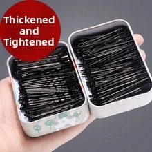 Bulk pack of durable black U-shaped hair pins in a decorative cartoon elephant metal tin