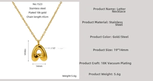 Detail of 18K gold plated letter A bubble pendant necklace with size dimensions