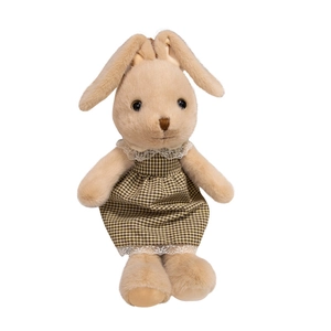 Peluche coniglio con vestito a quadri marroni, morbida bambola con orecchie lunghe