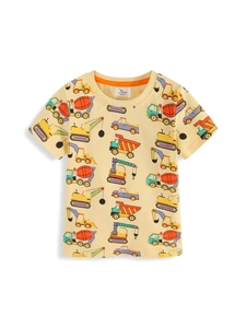 Gelbes Kinder T-Shirt aus Baumwolle mit bunten Baustellenfahrzeug Motiven für Jungen
