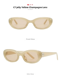 Front and side view of jelly yellow retro oval sunglasses with champagne lenses