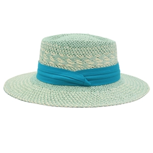 Chapeau de paille à large bord style français avec ruban vert menthe et blanc