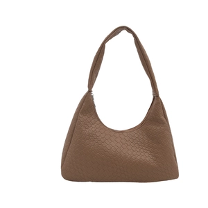 Classic brown woven hobo shoulder bag with crescent shape and top zipper closure