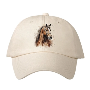 Outdoor leisure baseball cap in cream cotton featuring artistic brown horse head print