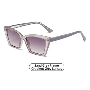 Retro square cat-eye sunglasses with sandy gray frames and gradient lenses on white backdrop