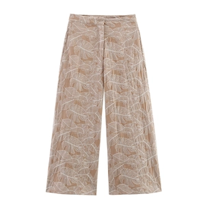 Summer high-waisted wide leg trousers with white leaf pattern on khaki fabric