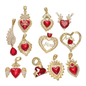 18K gold plated wing and heart pendants with red zircon and S925 sterling silver stamp