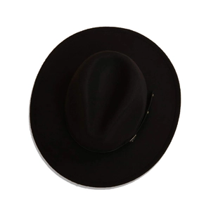 Top view of black wide brim wool fedora hat with fine belt strap and gold buckle