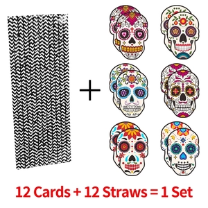 12-piece Day of the Dead paper straws set with colorful sugar skull card decorations