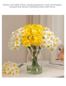 Detailed close-up of realistic silk daffodils in a vase with soft home decor lighting