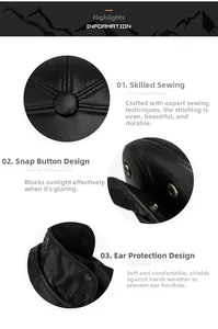 Detail of men's thermal PU leather flat cap showing ear flaps and fine stitching