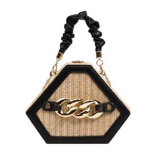 Fashionable beige straw and black PU leather hexagonal handbag with gold chain detail