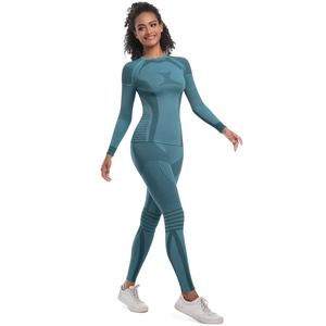 Women's seamless teal blue thermal base layer set with jacquard sports patterns