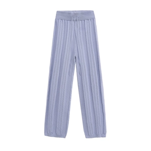Women's lavender knit wide-leg pants with elastic drawstring waist and vertical texture