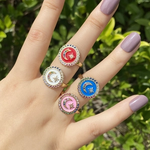 Retro Star Moon Enamel Ring Copper Colorful Zircon Adjustable Jewelry For Women