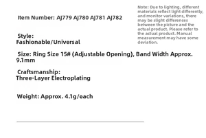 Detailed spec sheet showing 9.1mm width, 4.1g weight and triple plating process of ring