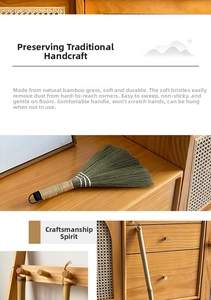 Detail of handmade natural miscanthus broom fibers and bamboo handle with hanging loop