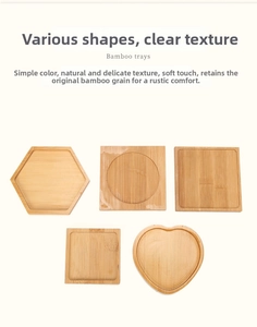 Detailed view of various geometric bamboo trays including hexagonal and heart shapes