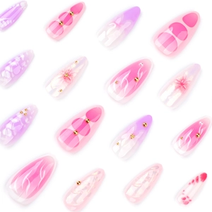 3D floral press-on nails with pink gradient marble art and almond shape design